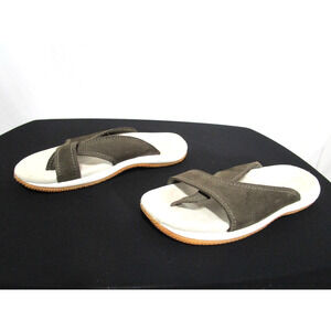 L.L. Bean Olive Green Suede Leather Toe Loop Slide Sandals Women Sz 8